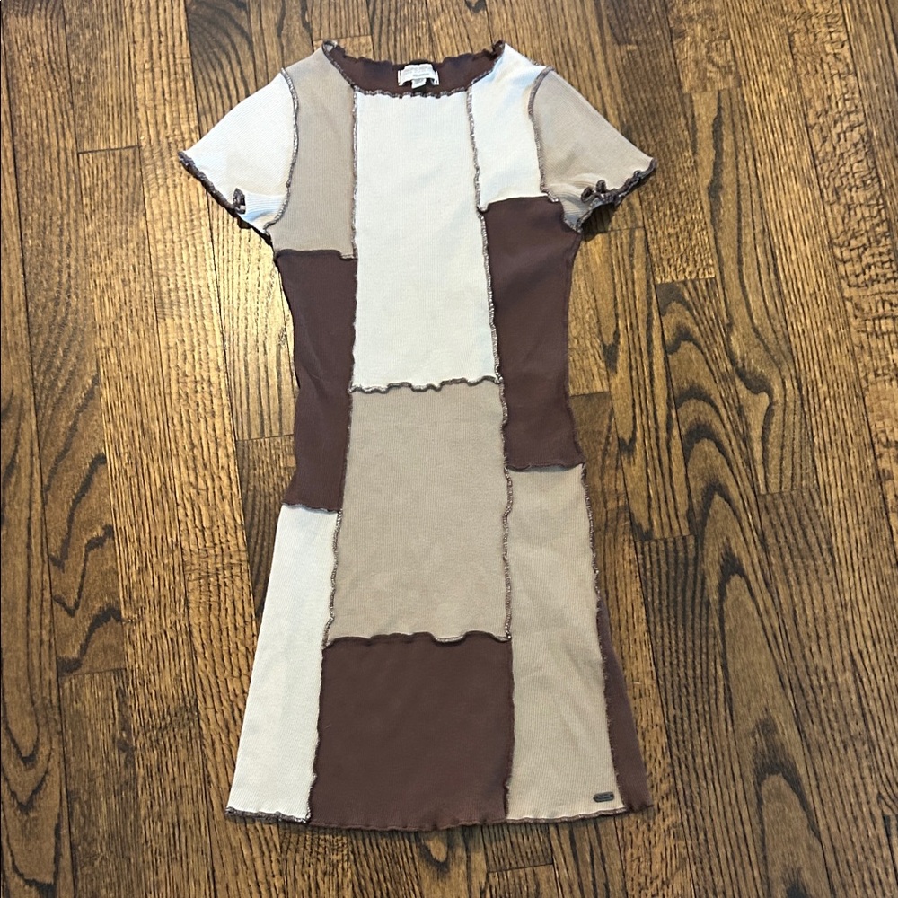 Pull&Bear Brown And Cream Patchwork Mini Dress - image 1